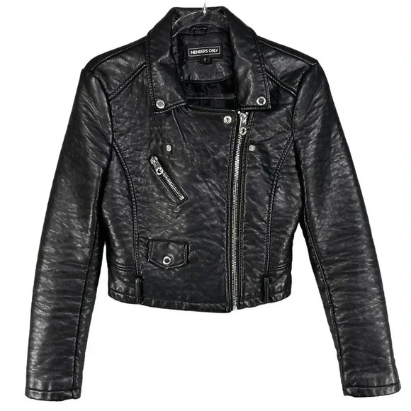 Members Only Womens S Black ASYM Zip Cropped Faux Leather Bomber Moto Jacket Y2K - Picture 1 of 16